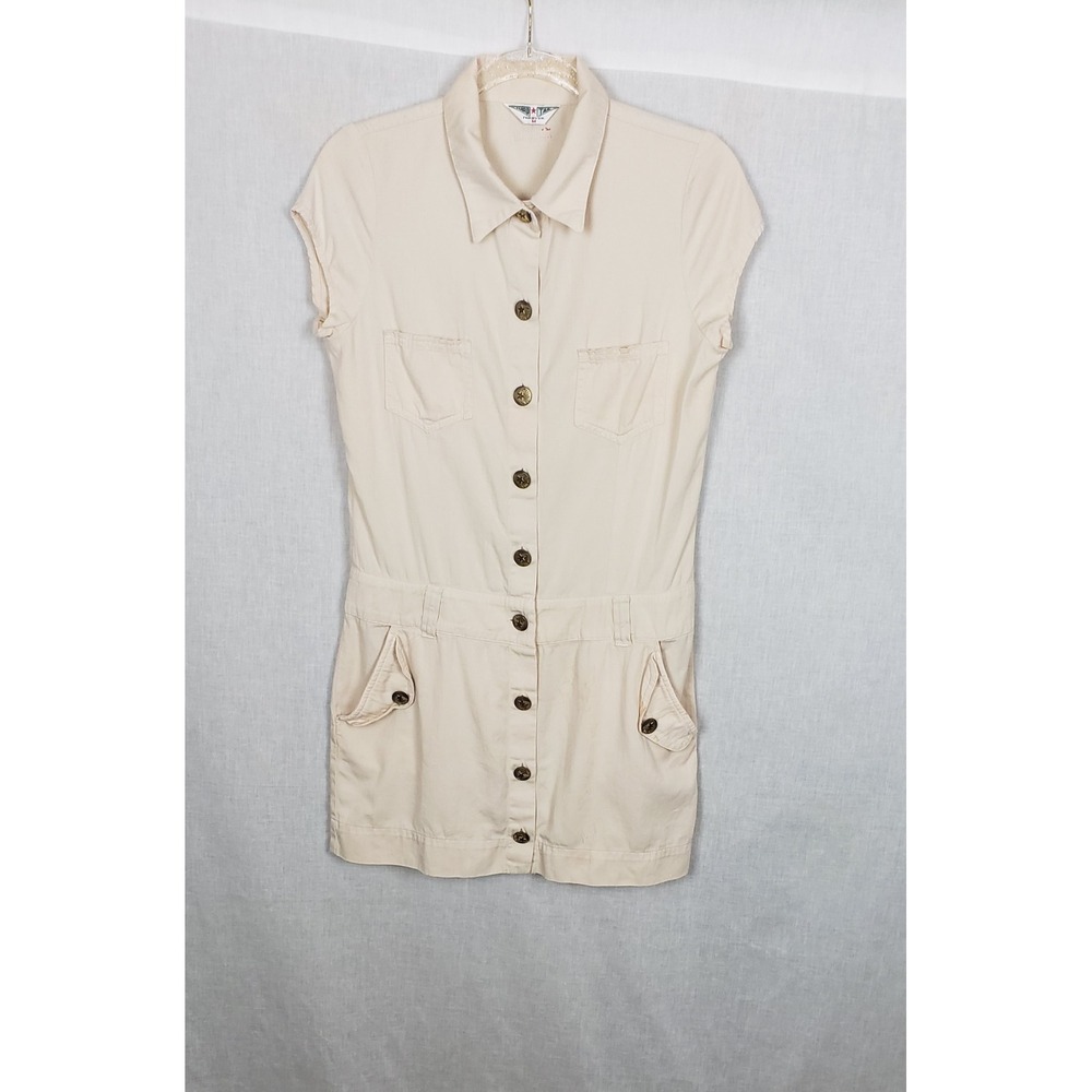 Hard Tail Forever Cream Cotton Twill Utility Button Front Mini Dress Star Y2K